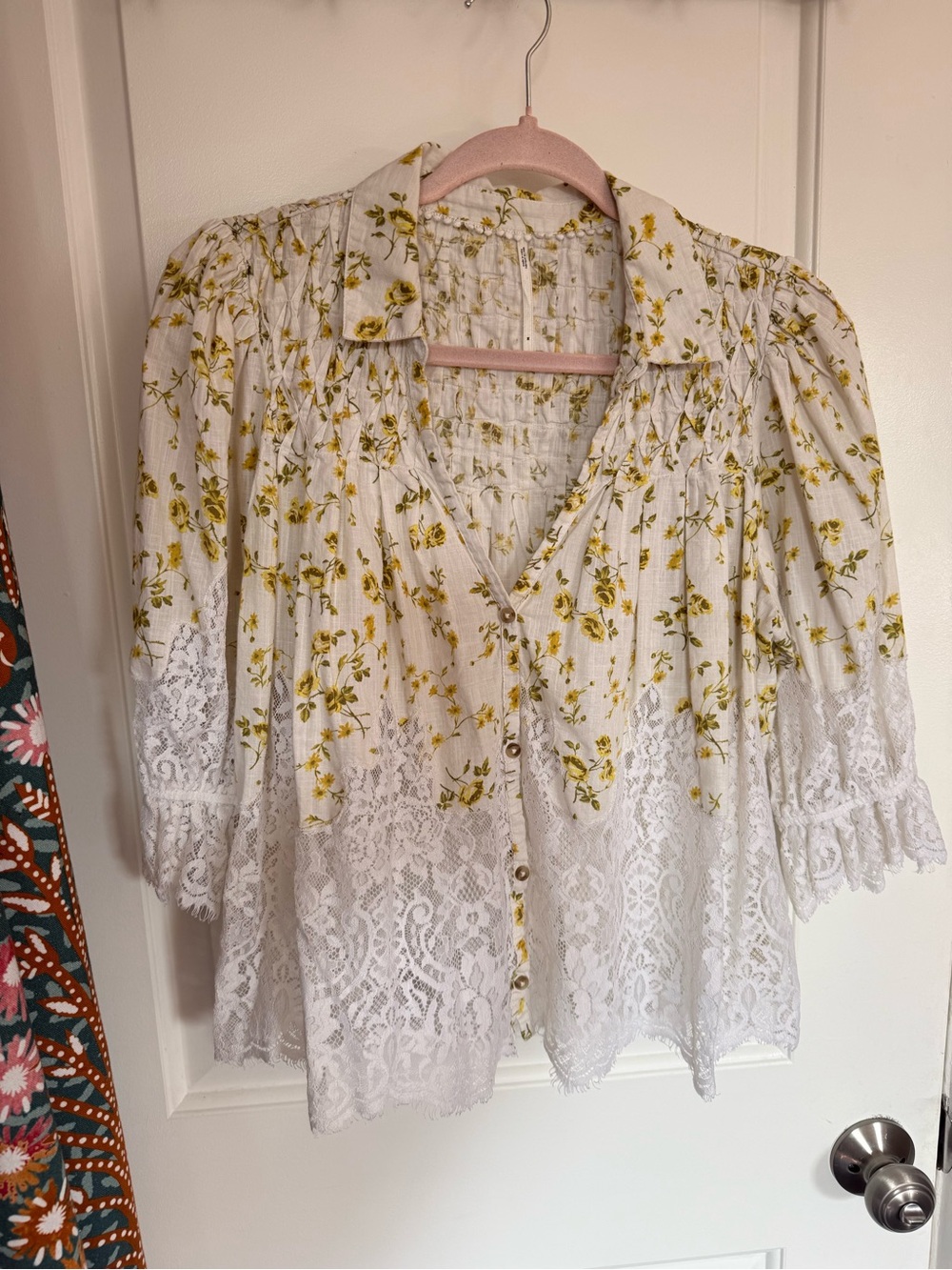 Anthropologie Cream Floral Lace Button-Front Blouse